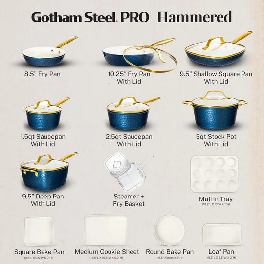 Pro Hammered 20 Piece Ceramic Nonstick Induction Cookware and Bakeware Pots and Pans Set