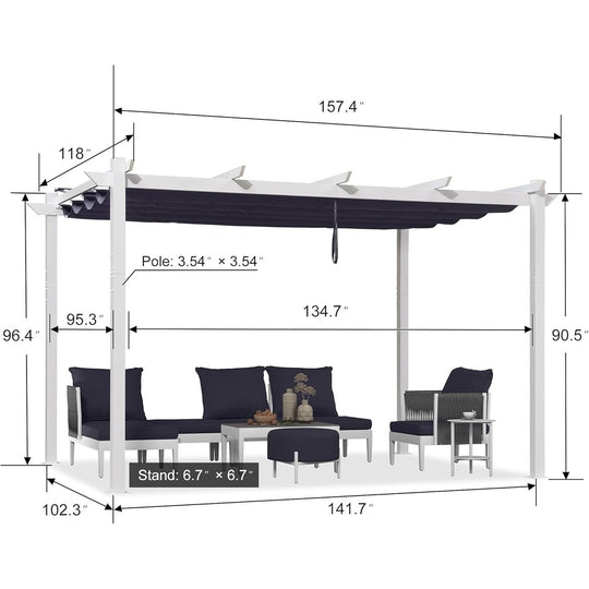 Gazebo Outdoor Retractable White Heavy-Duty Aluminum Pergola with Extra Top Roof
