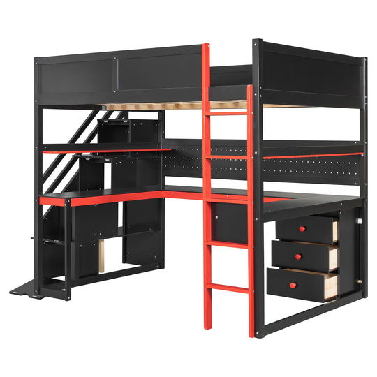 Full Size Wooden Gaming Loft Bed with Storage Stairs, Desk, Shelves and Pegboard