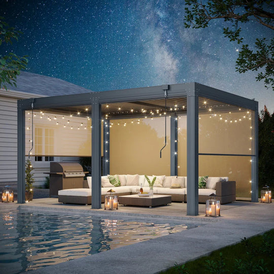 Outdoor Louvered Pergola Gazebo with Adjustable Aluminum Rainproof Roof and Pull-Down Screen
