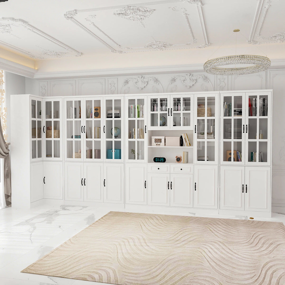 78.7"H Combo Buffet Sideboard White Curio Bookcase Cabinet Glass Door