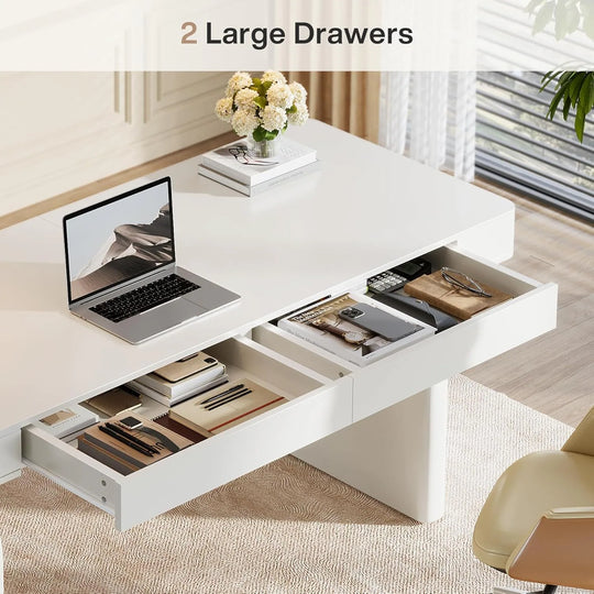 White Home Office Desk with Drawers, 63-Inch Modern Executive Desk