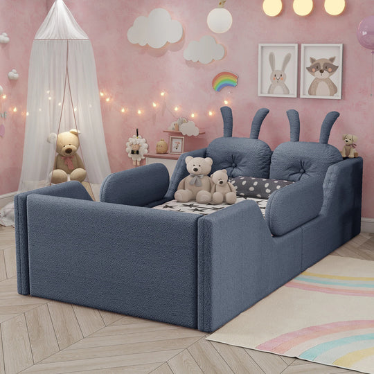Twin Size Upholstered Platform Bed with Rabbit Cushion, Floor Upholstered Bed with Removable Side Rails