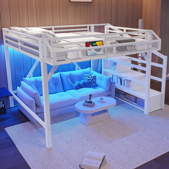 Queen Loft Bed with Storage Stairs, Shelves and Built-In Wardrobe, with USB Ports and LED Lights, Noise-Reduced Design
