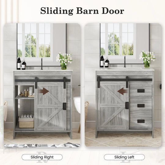 Farmhouse Bathroom Vanity with Ceramic Top and Sliding Barn Door Sink Cabinet, Rustic Single Sink Vanity