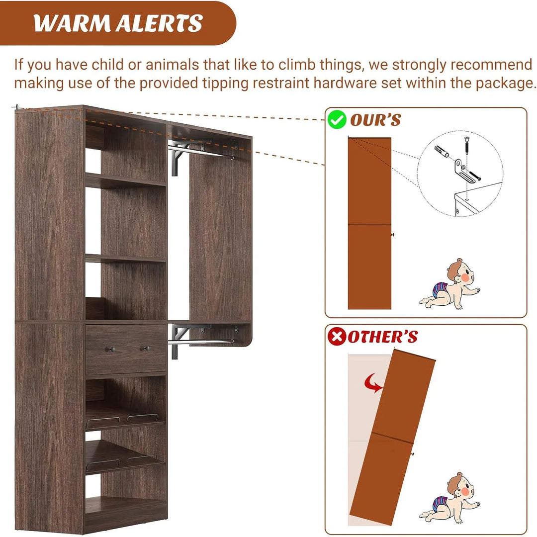5FT Closet System with 2 Hanging Rods and Wooden Drawer, Walk-In Closet Organizer with 2 Wing Shelve and Adjustable Rack Shelves