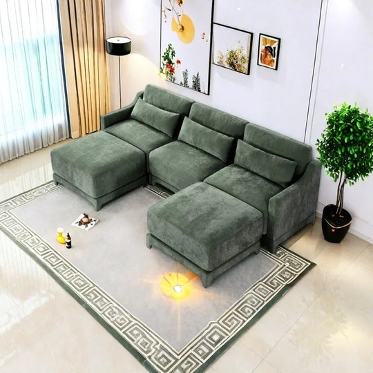Modern Chenille 4-Seater Sofa with 2 Ottoman, Lumbar Cushions, Ergonomic Backrest, High-Resilience Spongeand Tufted Armrests