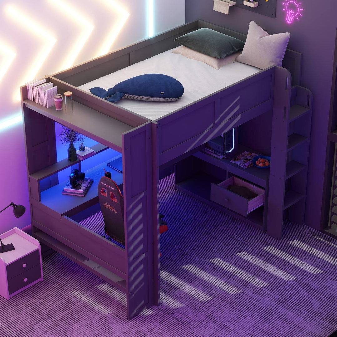 Full Size Gaming Loft Bed with Desk, Multi-Storage Shelves, LED and Charging Station, Dark Design