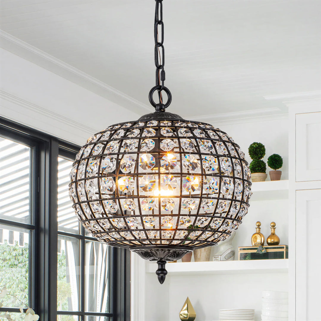 Retro French 4/5-Light Antique Brass Globe Crystal Chandelier for Living/Dining Room