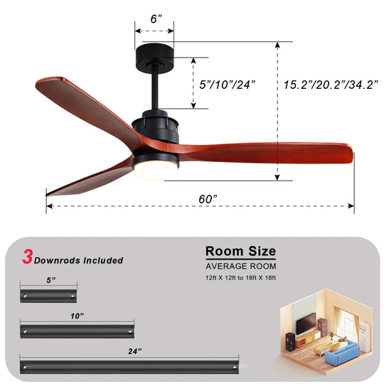 Sofucor 42"/48"/ 52"/60"Noiseless Walnut Wood Ceiling Fan with Remote Control, Integrated Light Optional