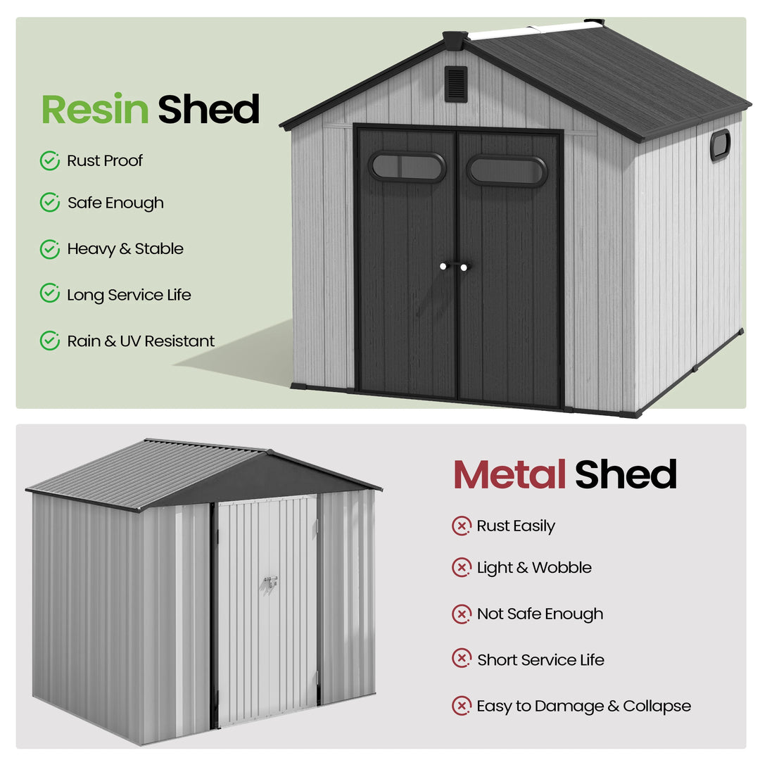 8X8/8X10/8X12 FT All-Weather Outdoor Resin Lockable Storage Shed with Windows Floor for Patio Furniture and Tools
