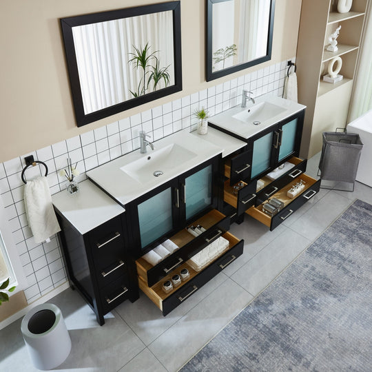 96" Double Sink Bathroom Vanity Set 10 Dove-Tailed Drawers, 3 Cabinets, 2 Shelves Soft-Closing Doors with Free Mirror