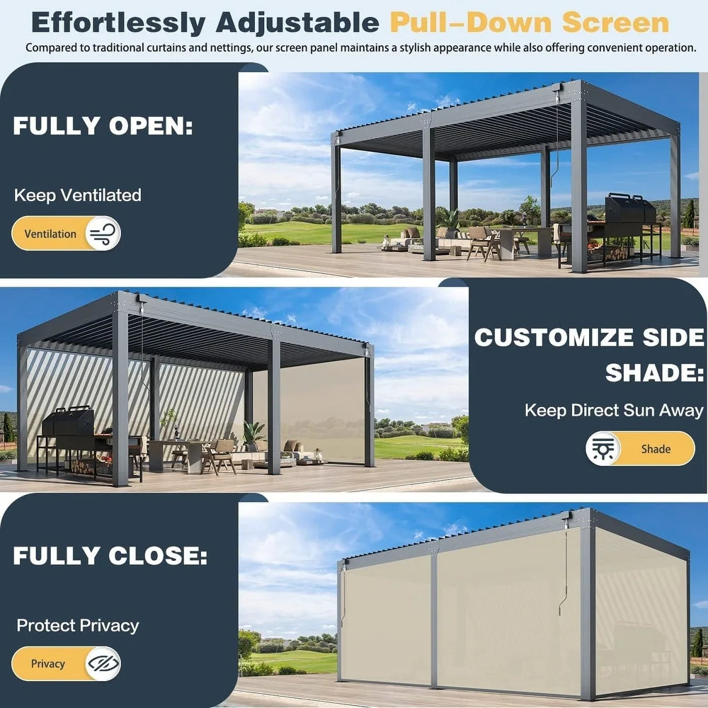 Outdoor Louvered Pergola Gazebo with Adjustable Aluminum Rainproof Roof and Pull-Down Screen