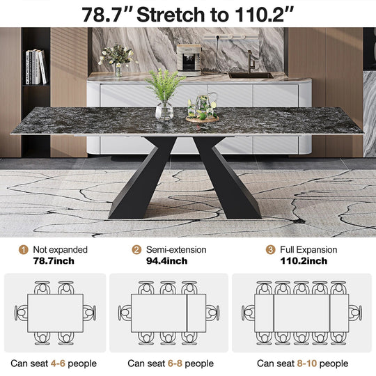 Minimalism Extendable Rectangular Sintered Stone Double Pedestal Dining Table Seat for 8-12 - 110.24"