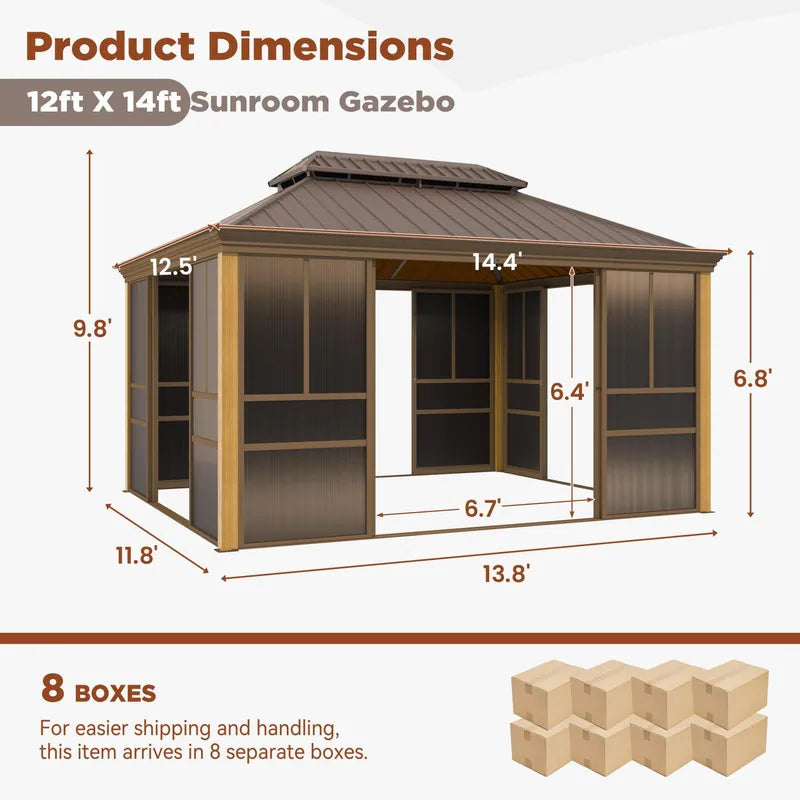 Outdoor Hardtop Sunroom Gazebo with Double Roof & Sliding Doors, All-Season Aluminum Outdoor Pergola, PE Screens&Lockable Design