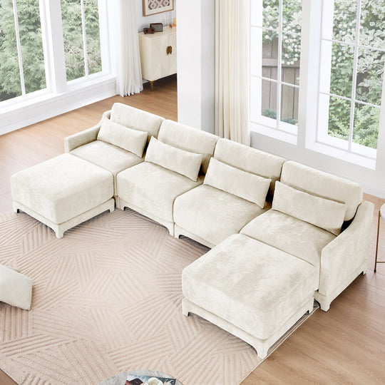 Modern Chenille 4-Seater Sofa with 2 Ottoman, Lumbar Cushions, Ergonomic Backrest, High-Resilience Spongeand Tufted Armrests