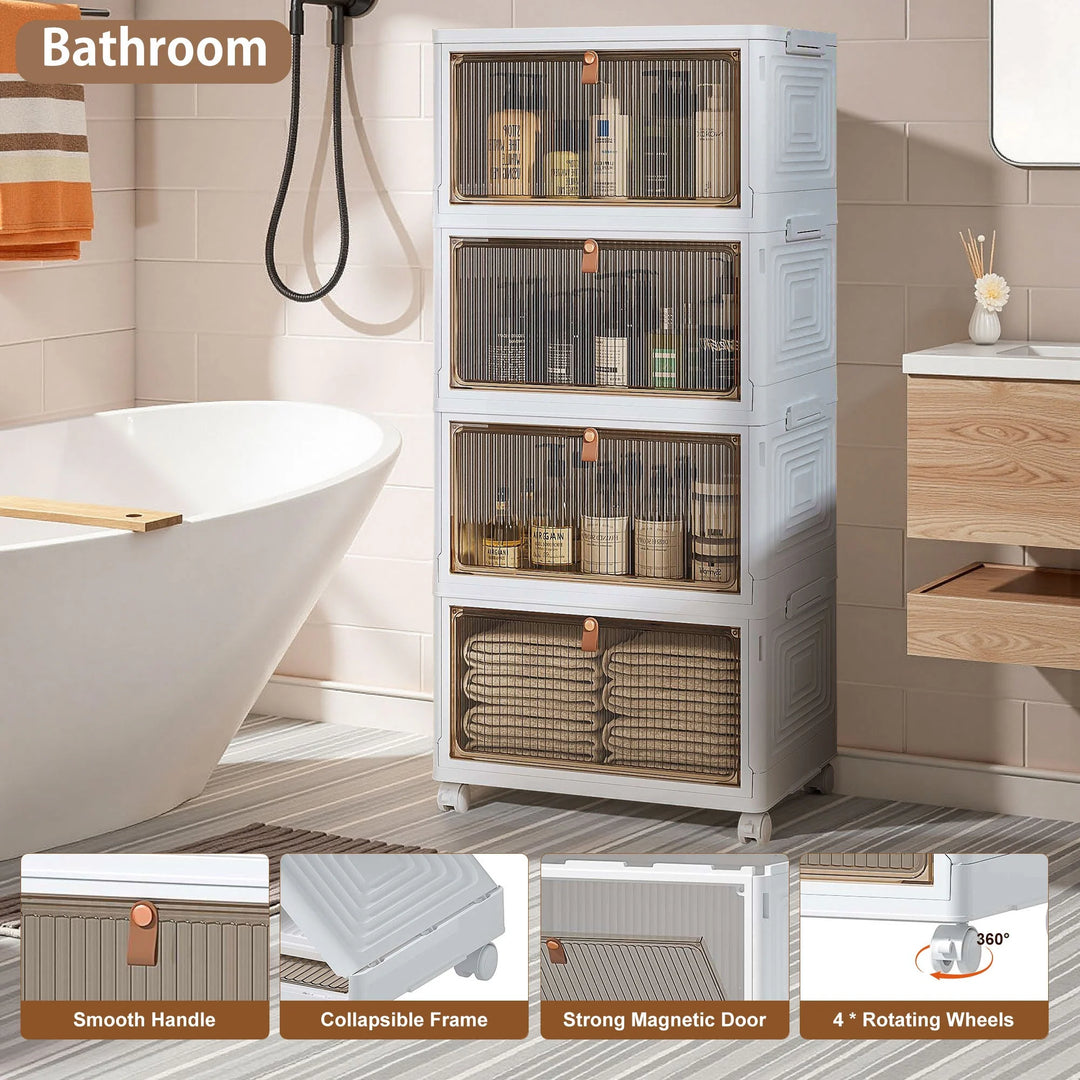 Javlergo 4 Tier Bathroom Storage Cabinet Storage Bins with Lid Stackable Storage Boxes Foldable Storage Organizers
