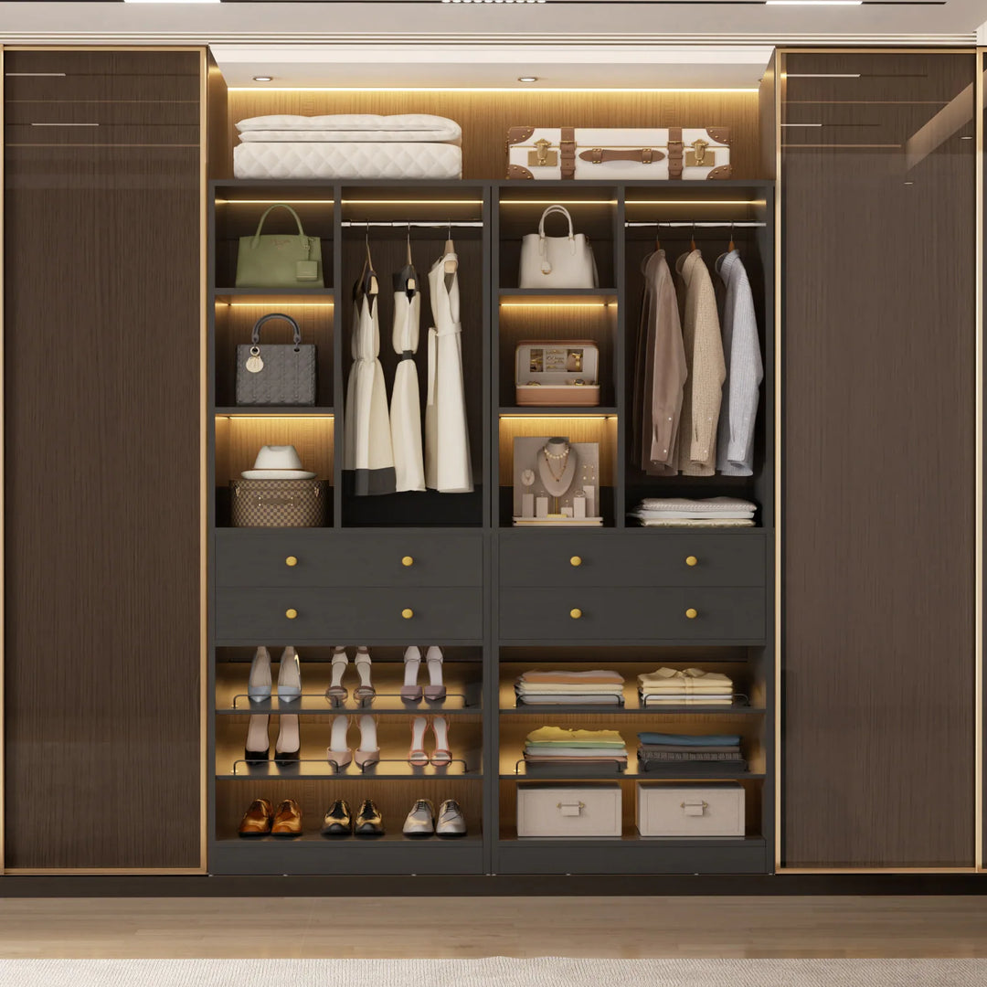 Grimm 28'' Closet Organizer with Shoe Racks and Drawers, Closet System with Hanging Rod and Adjustable Shelves