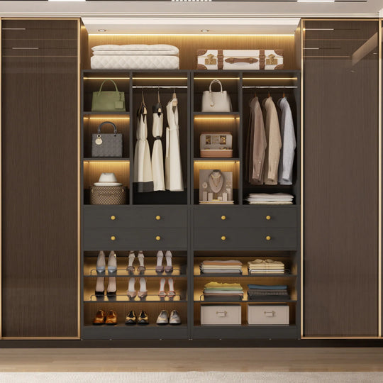 Grimm 28'' Closet Organizer with Shoe Racks and Drawers, Closet System with Hanging Rod and Adjustable Shelves