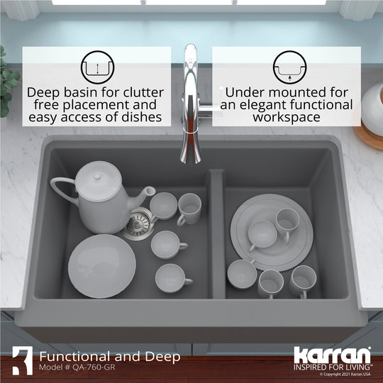 Farmhouse/Apron-Front Quartz Double Bowl Kitchen Sink