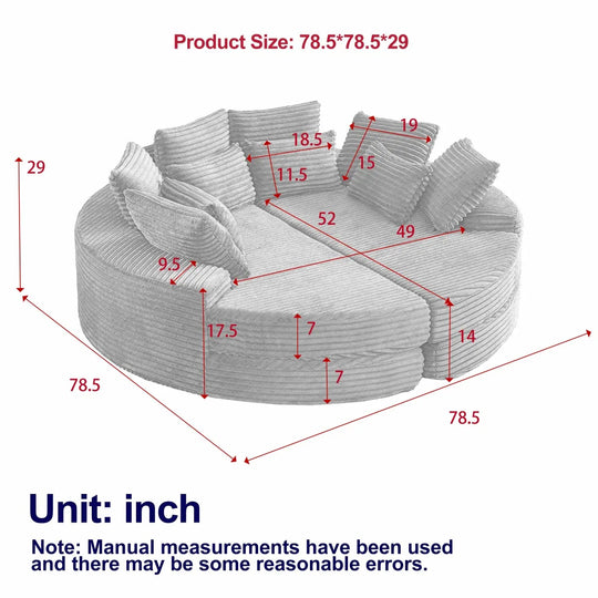 78.5" Corduroy round Oversized 2-In-1 Sofa Bed, Neck Pillow Design with Four Throw Pillows