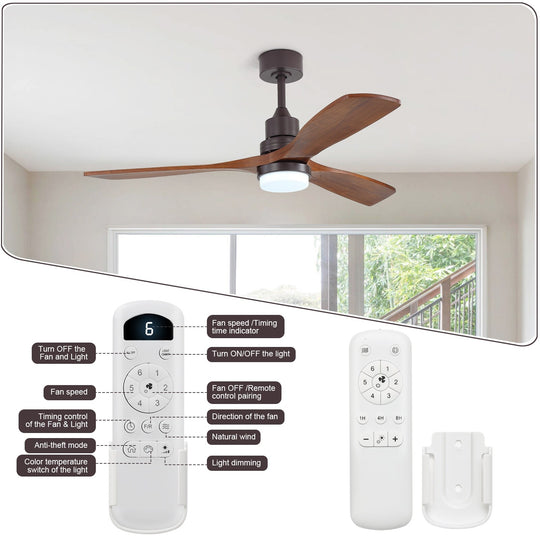 Sofucor 42"/48"/ 52"/60"Noiseless Walnut Wood Ceiling Fan with Remote Control, Integrated Light Optional