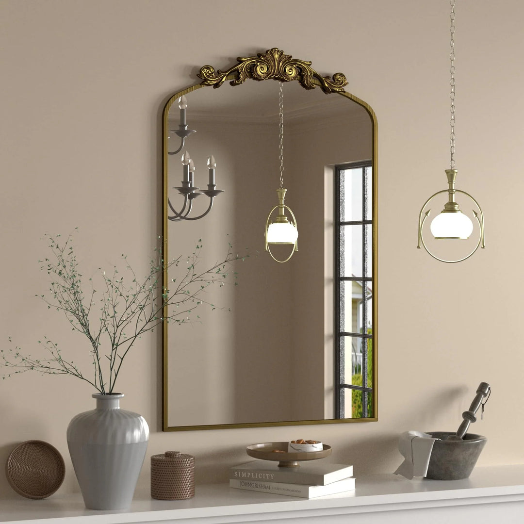 Arched Vintage Wall Mirror and Metal Frame Baroque Style Bathroom Vanity Mirror