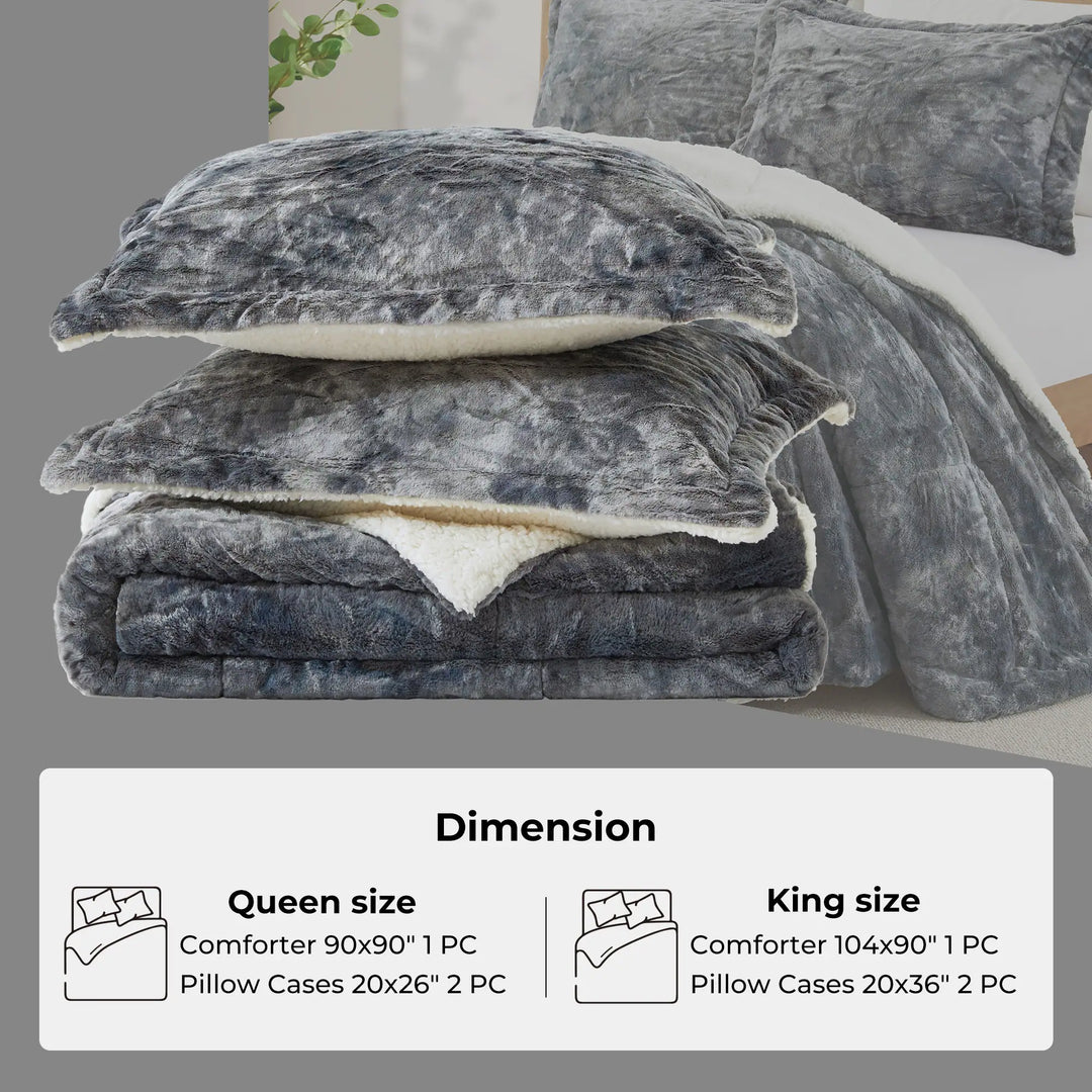 3 Piece Winter Reversible Comforter Set Faux Shearling Ultra Soft Minky Plush and Fuzzy Fleece Microfiber