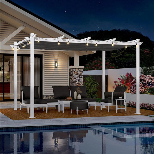 Gazebo Outdoor Retractable White Heavy-Duty Aluminum Pergola with Extra Top Roof