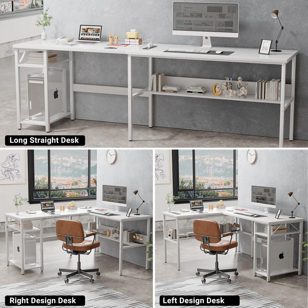 Reversible L Shaped Desk with Storage Shelves, Home Office Corner Desk with Charge Station