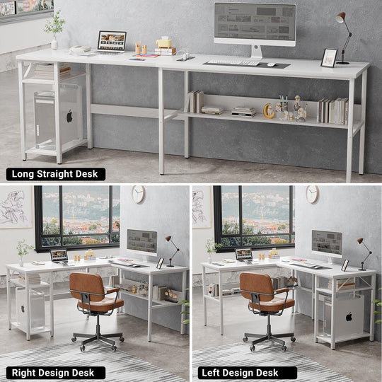 Reversible L Shaped Desk with Storage Shelves, Home Office Corner Desk with Charge Station