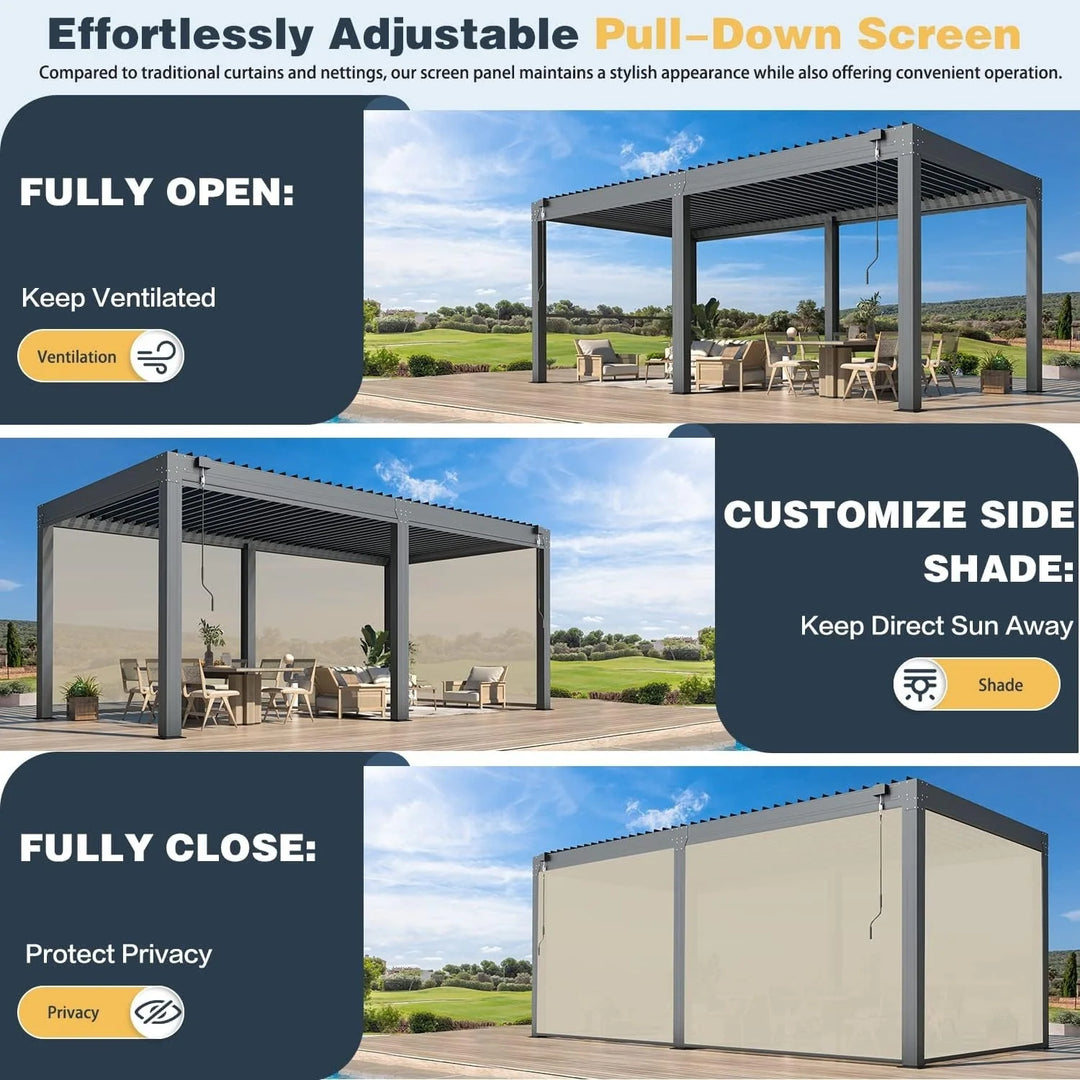 Outdoor Louvered Pergola Gazebo with Adjustable Aluminum Rainproof Roof and Pull-Down Screen