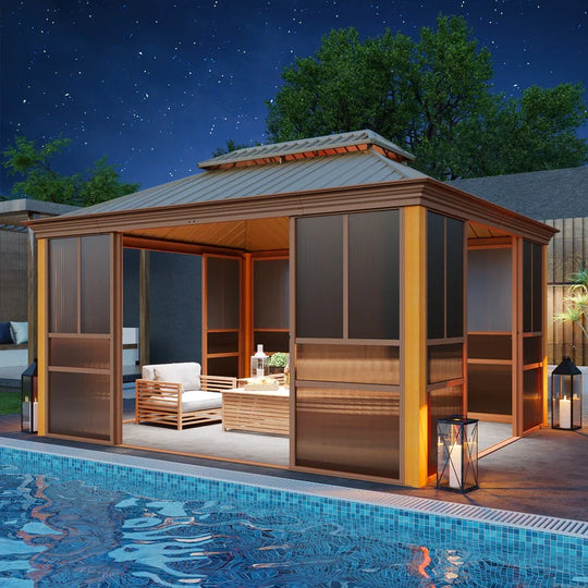 Outdoor Hardtop Sunroom Gazebo with Double Roof & Sliding Doors, All-Season Aluminum Outdoor Pergola, PE Screens&Lockable Design