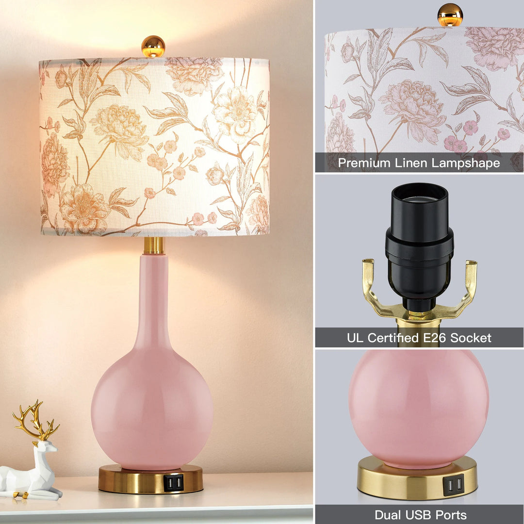 Pink Ceramic Table Lamp with Dimmable Touch Control and Dual USB Charging Ports