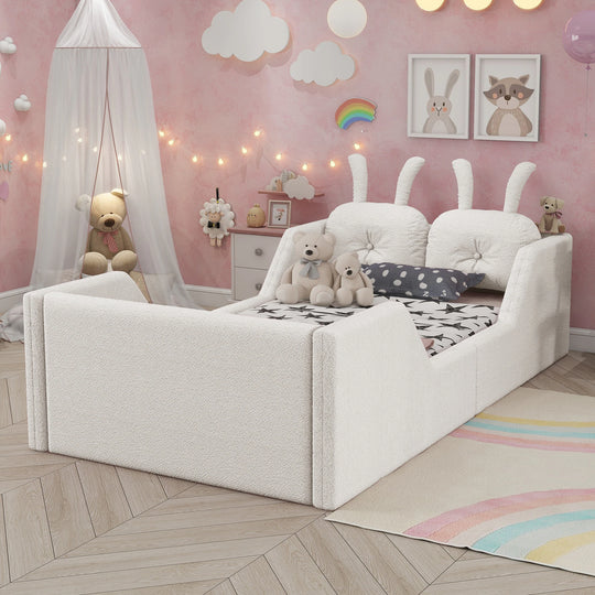 Twin Size Upholstered Platform Bed with Rabbit Cushion, Floor Upholstered Bed with Removable Side Rails