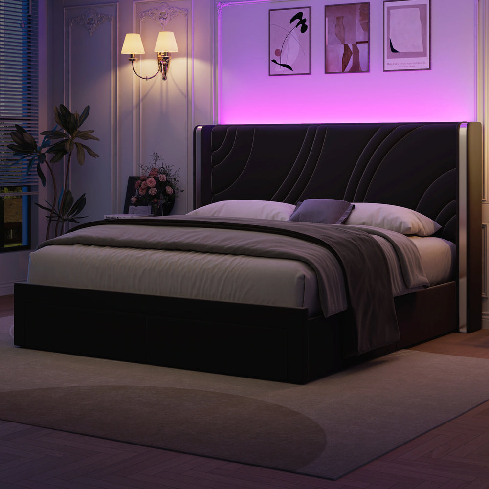Velvet Upholstered Platform Bed with Smart Ambient Strip Lights Wingback Headboard and Endbed Pull-Out Storage Drawers