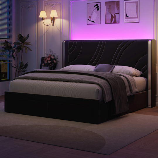 Velvet Upholstered Platform Bed with Smart Ambient Strip Lights Wingback Headboard and Endbed Pull-Out Storage Drawers