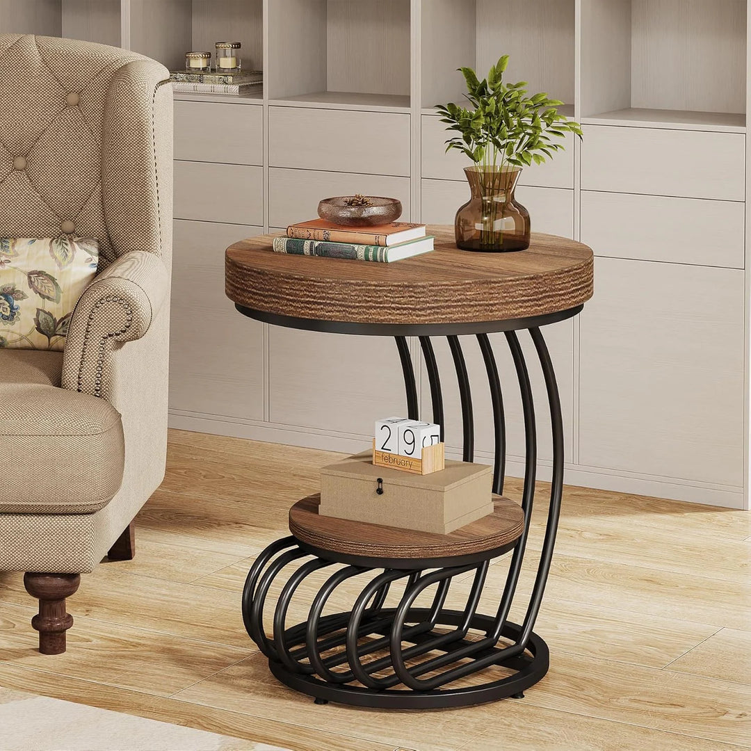 2 Tiers round End Table with Shelf Storage, Arc-Shaped Side Sofa Table