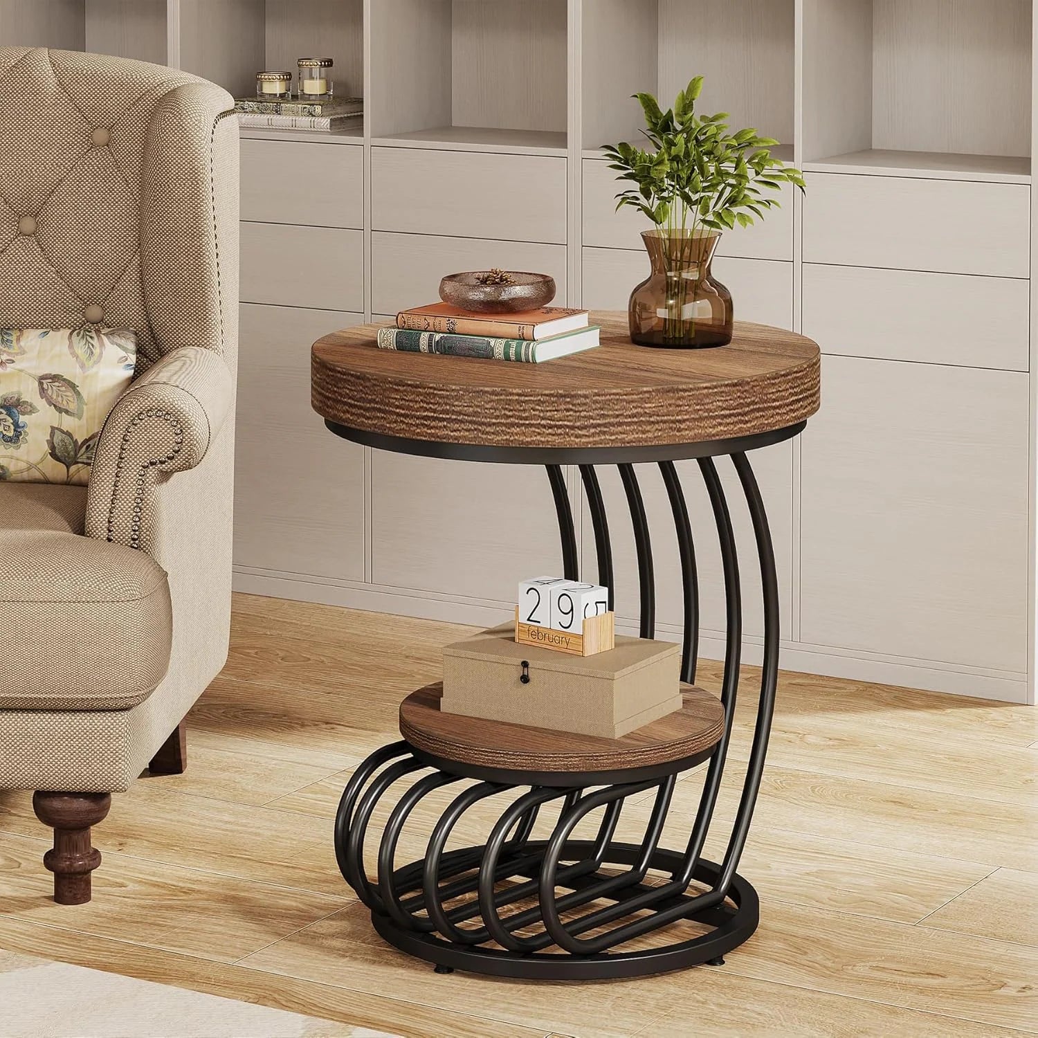 2 Tiers round End Table with Shelf Storage, Arc-Shaped Side Sofa Table