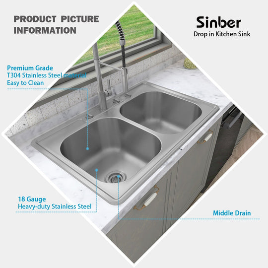 Drop in Double Bowl 304 Stainless Steel Kitchen Sink