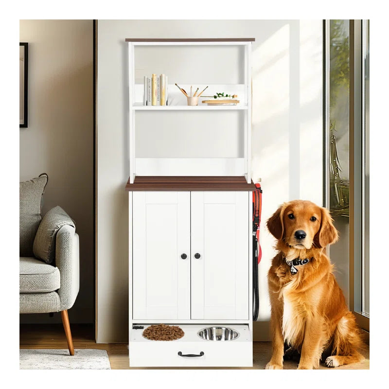 Pet Feeding Station with Bowls, Adjustable Panel, Dog Feeding Station with Storage, Pet Feeder Station for Dogs Cats for Feeding & Watering Supplies,Dog Feeding Station with 2-Level Shelving White