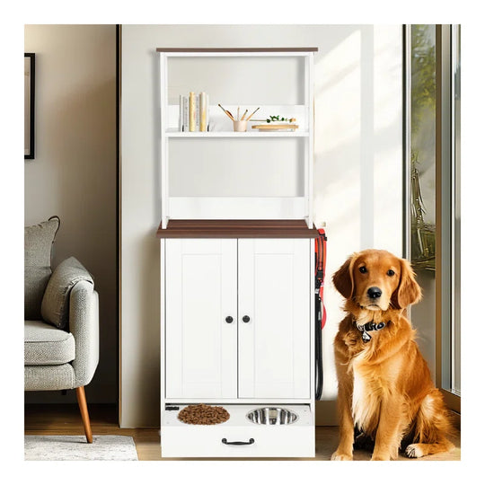 Pet Feeding Station with Bowls, Adjustable Panel, Dog Feeding Station with Storage, Pet Feeder Station for Dogs Cats for Feeding & Watering Supplies,Dog Feeding Station with 2-Level Shelving White