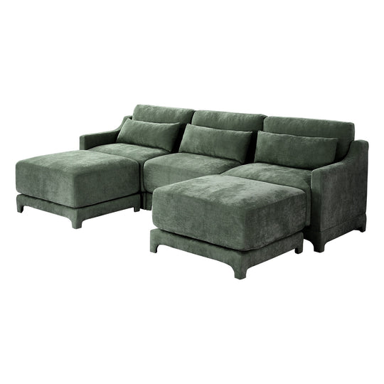Modern Chenille 4-Seater Sofa with 2 Ottoman, Lumbar Cushions, Ergonomic Backrest, High-Resilience Spongeand Tufted Armrests