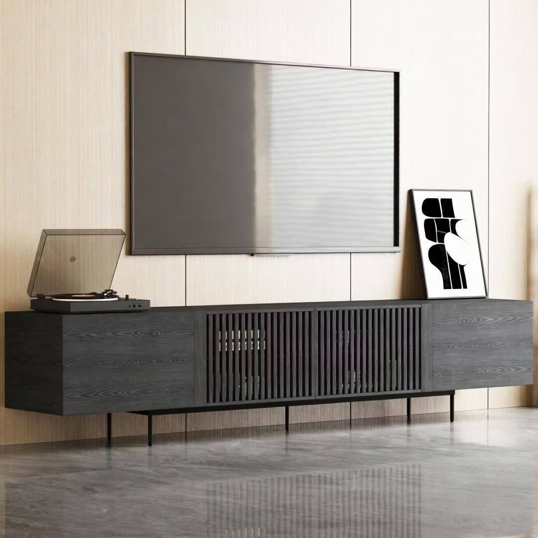 94.48 Inch Extra Long Black TV Stand with Slatted Doors, Modern Entertainment Center for Tvs up to 100 Inches,