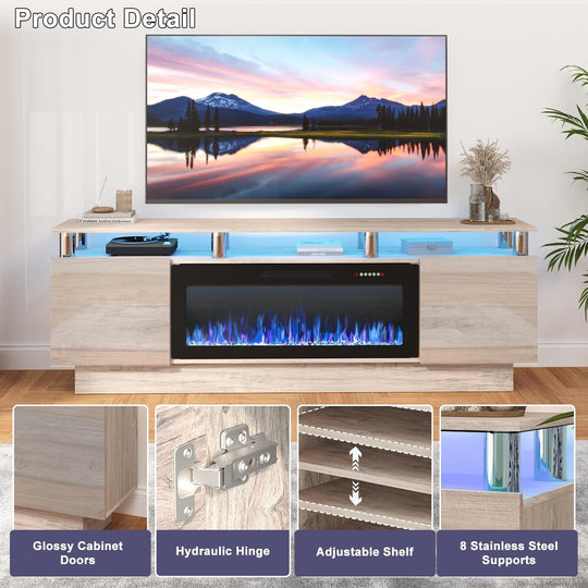 70" Modern Electric Fireplace TV Stand, with Electronic Flame and LED Lights, High Gloss Finish Entertainment Center