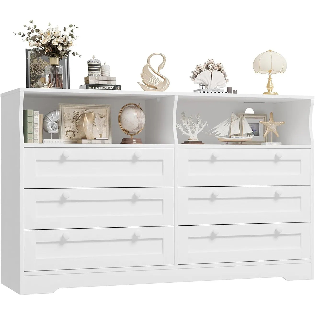 55" Black 6-Drawer Wood Dresser, Modern Storage Organizer for Bedroom, Living Room, Closet & Entryway