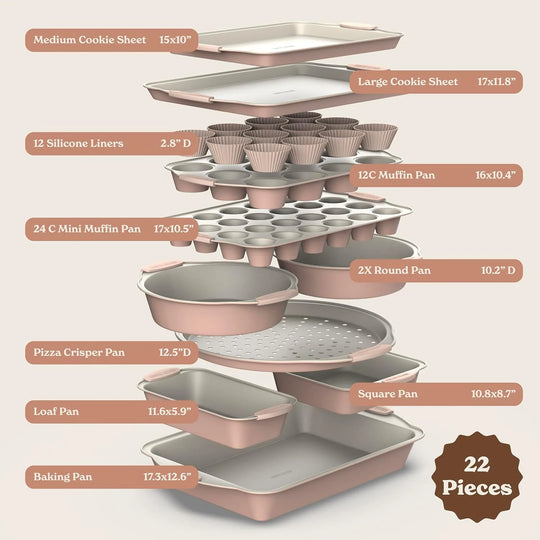 Nonstick Stackable Bakeware Set - Durable, Easy Release Baking Set- 22 Pc. Includes Silicone Muffin Cups