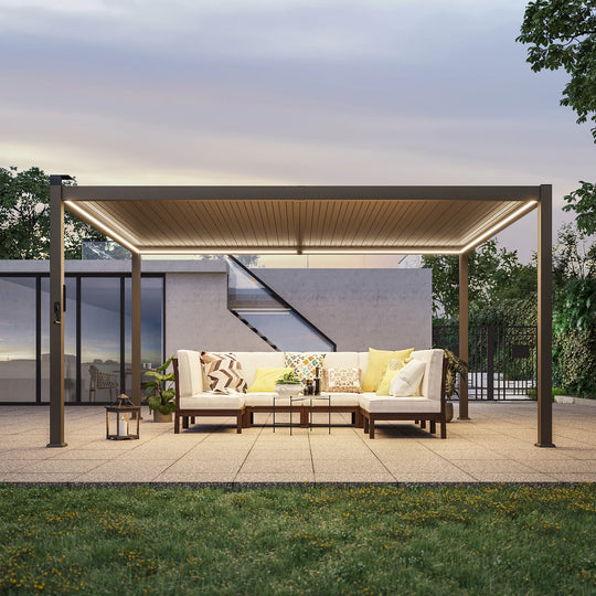 Outdoor Metal Solar LED Louvered Pergola with Adjustable Roof