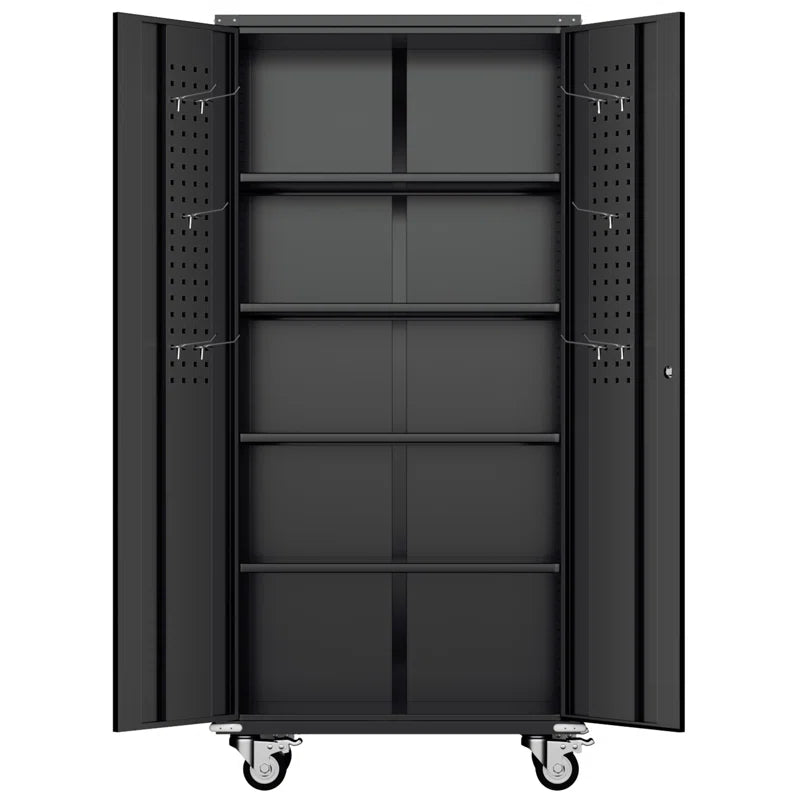 Metal Garage Storage Cabinets with Wheels & Pegboard, 72"H Rolling Storage Cabinet with Lockable Doors and 4 Adjustable Shelves, (72" H×32" W×16" D)