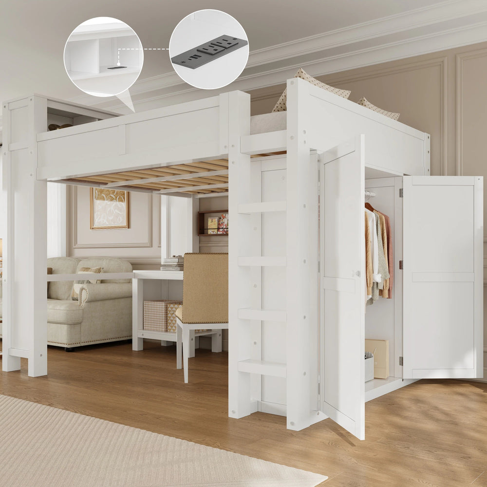 Modern Queen Loft Bed with Built-In Desk, Wardrobe, Headboard Storage & USB Hub by